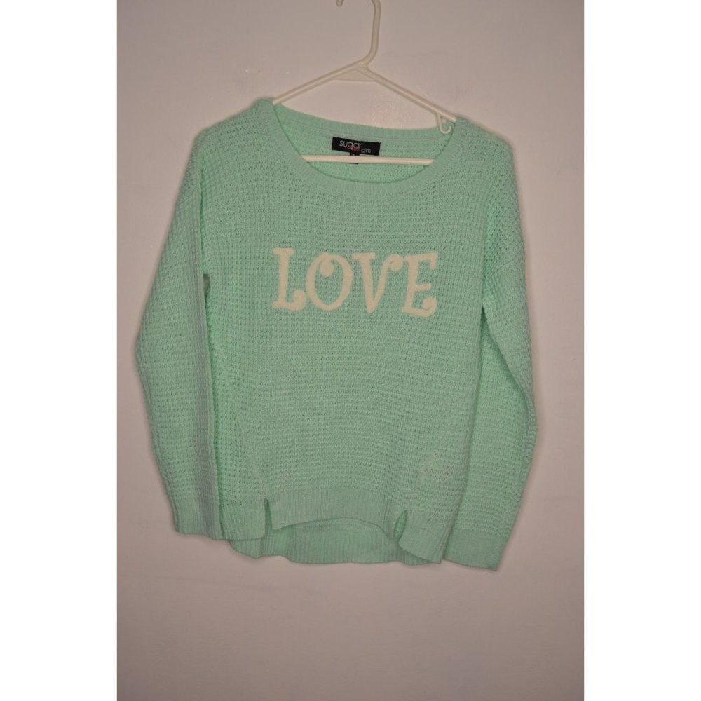 Sugar Rush Girls XL (14-16) Green Chunky Waffle Knit Embroidered Sweater